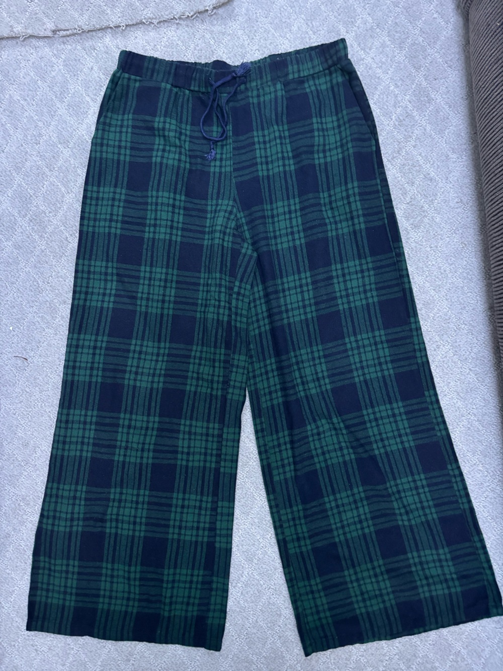 Edikted Navy and Green Plaid Wide Leg Track Pants